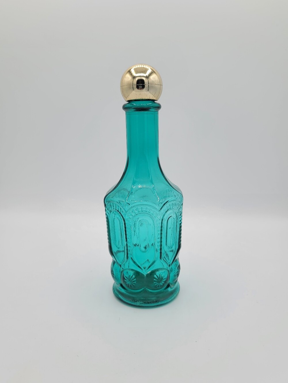 Avon LE Smith Moon Stars Turquoise Aqua Glass Mouthwash Bottle 1973 Vintage